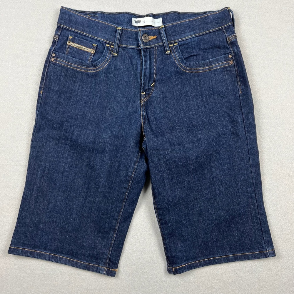 Levis Womens Size 4 Dark Wash Bermuda Denim Jean Shorts Gold Embroidered Pockets